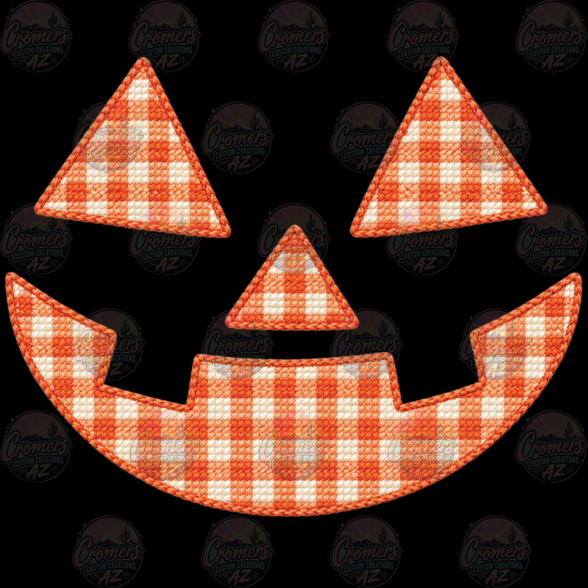 Orange PLAID Jack O'Lantern face faux stitch - *DTF TRANSFER*