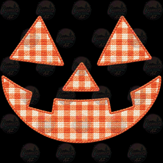 Orange PLAID Jack O'Lantern face faux stitch - *DTF TRANSFER*